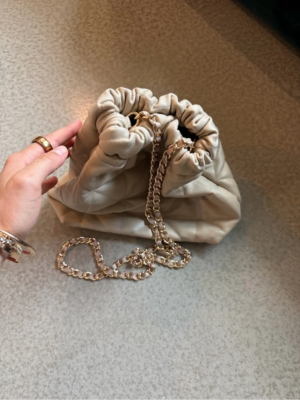 a new day Cream Quilted Drawstring Shoulder Bag with Chain Strap